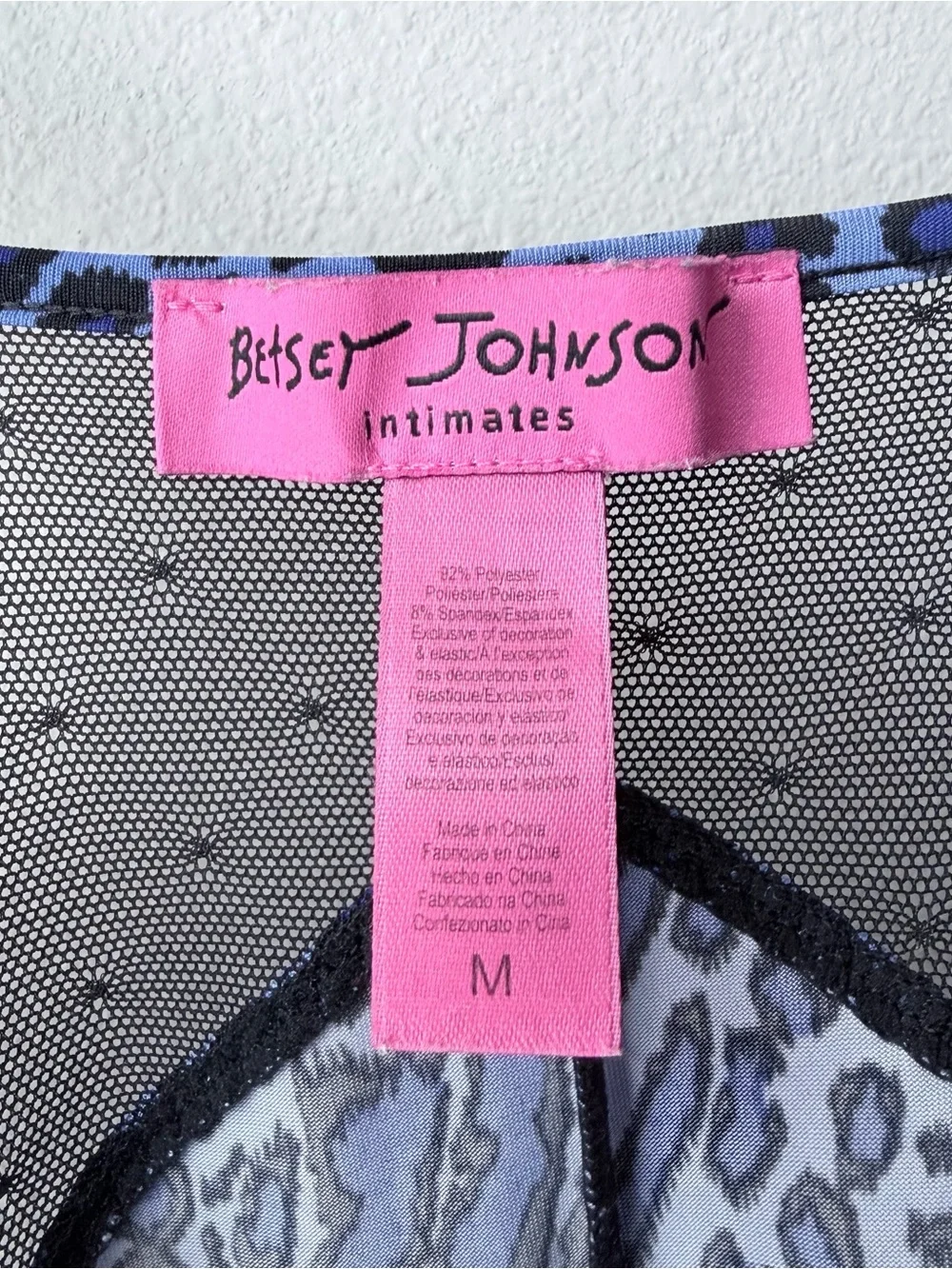 Betsey Johnson Blue Leopard Satin Chemise with Pink Bow Accents